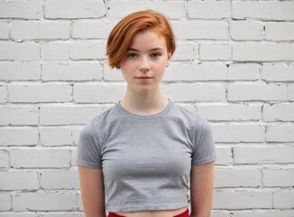 Young redhead girl on the background of a white brick wall 