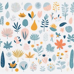 Fototapeta na wymiar A collection of seamless pattern, colorful abstract plants and flowers. Hand drawn Collection of leaves and flowers. A close up of a pattern of flowers and leaves. 