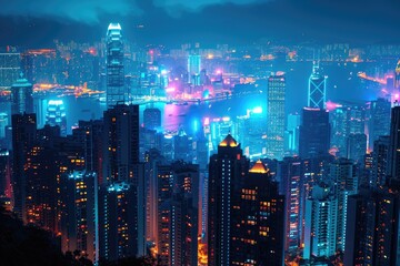 A nighttime cityscape illuminated by neon lights, An urban skyline aglow with vibrant neon illumination. - obrazy, fototapety, plakaty