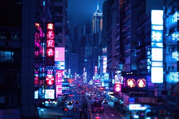A nighttime cityscape illuminated by neon lights, An urban skyline aglow with vibrant neon illumination.