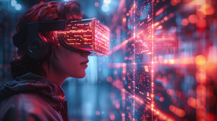 Réalité virtuelle, image graphique d'un jeune homme avec des effets graphiques rouges