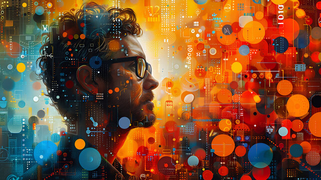 Image graphique avec un homme qui r&eacute;fl&eacute;chit, couleur vive jaune orange rouge avec des cercle. 