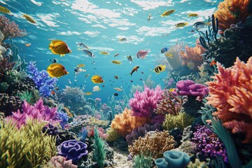 Fototapeta na wymiar Organic coral reef with colorful marine life in a realistic 3D underwater backdrop