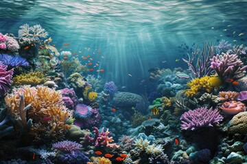 Fototapeta na wymiar Organic coral reef with colorful marine life in a realistic 3D underwater backdrop