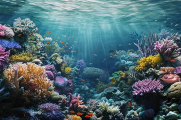 Gordijnen Organic coral reef with colorful marine life in a realistic 3D underwater backdrop © SaroStock