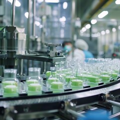 An automated machine fills containers with green cosmetic cream in a sterile manufacturing environment.