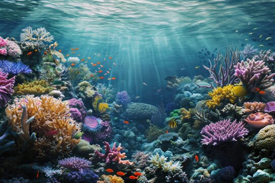 Organic coral reef with colorful marine life in a realistic 3D underwater backdrop