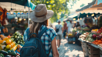 back view of young woman in hat and backpack looking at market stall