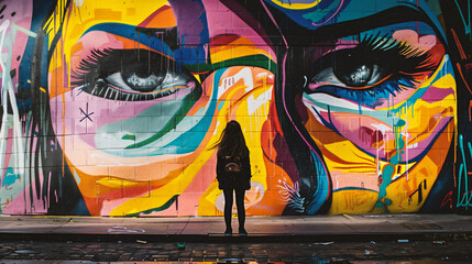 Young woman traveler with backpack and hat looking at colorful graffiti on the wall.
