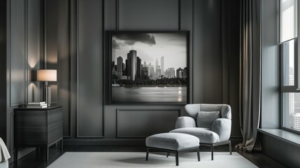 A sophisticated bedroom interior with a black frame mockup highlighting a monochromatic cityscape photograph.