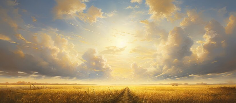 An artistic depiction of a landscape painting showing a pathway leading through a lush field towards the radiant sun