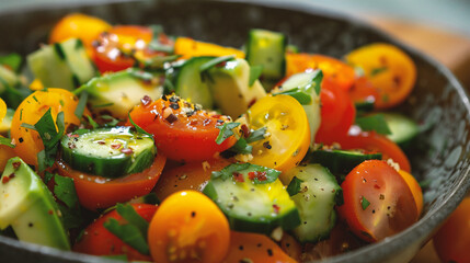 Fresh vegetable salad with tomato, cucumber, onion, pepper and parsley
