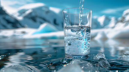 A glass of pouring crystal mineral drinking aqua water on blurred nature, snow mountain landscape background. Organic pure fresh natural water. Healthy refreshing drink. - obrazy, fototapety, plakaty