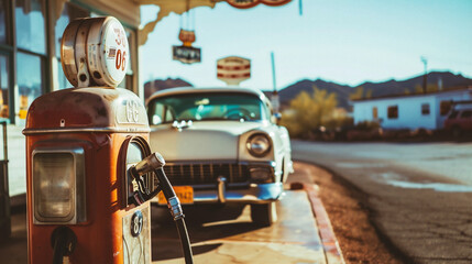 Vintage gasoline pump on the gas station - obrazy, fototapety, plakaty