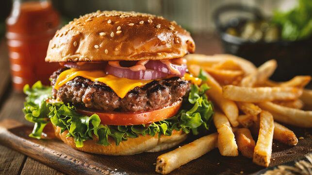 Cheese burger - American cheese burger with Golden French fries and fresh salad