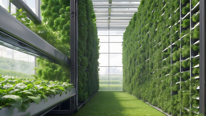 Modern Vertical Farming Facility with Lush Green Plants. vertical farm with rows of lush green vegetables under controlled conditions, showcasing modern agriculture technology.