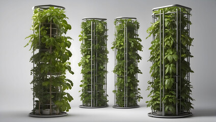 Modern Vertical Garden Columns in a Clean Setting. Sleek vertical gardens showcased within cylindrical structures, symbolizing green urban living and innovative gardening solutions.