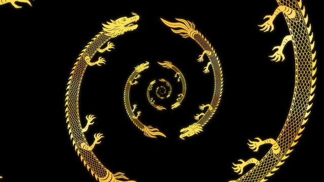 Animation of a traditional Chinese dragon flying along the frame, space for text in Chinese style for New Year greetings, Chinese New Year celebration. Golden serpent dragon on black background