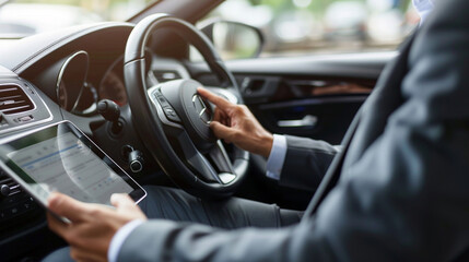 a man in a car with a tablet
