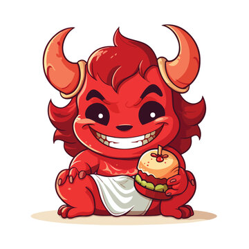 CUTE LITTLE RED JAPANESE DEVIL SMILING AND BRINGING