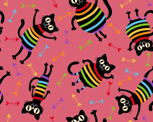 Cartoon black cats seamless rainbow lgbt stripes pattern for wrapping paper and fabrics and linens and clothes and pride