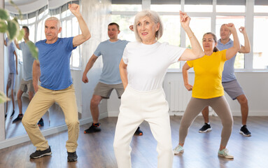 Positive elderly woman practicing Tai Chi with group of aged people, promoting health and wellness in bright training room