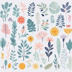 Fototapeta premium A collection of seamless pattern, colorful abstract plants and flowers. Hand drawn Collection of leaves and flowers. A close up of a pattern of flowers and leaves. 