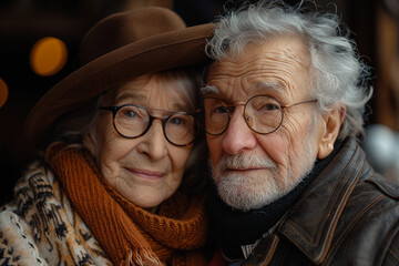 Close up portrait of Senior elderly loving couple very old man and old woman wearing warm coats and hats hugging walking at city streets or park at autumn or winter. Faces covered wrinkles