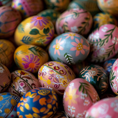Fototapeta na wymiar Colorful Hand-Painted Easter Eggs with Traditional Patterns
