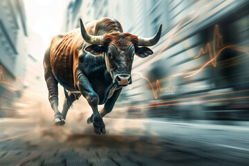 Charging Bull on Wall Street in Bull Market - obrazy, fototapety, plakaty
