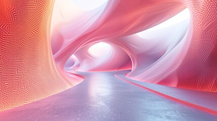 A vibrant digital illustration of a curvilinear red tunnel with a dynamic, dotted texture, giving an impression of motion and depth