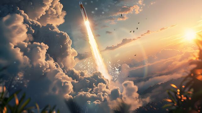 ultra realistic, 8k, a rocket launching into the sky. foresst background. rocket on left
