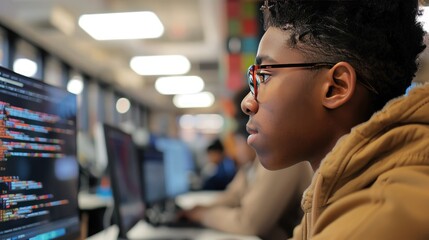 A student engrossed in a digital coding tutorial, navigating the intricacies of programming with focused determination.
