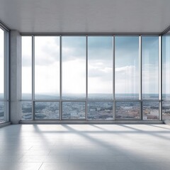 Empty room with large windows overlooking a city.