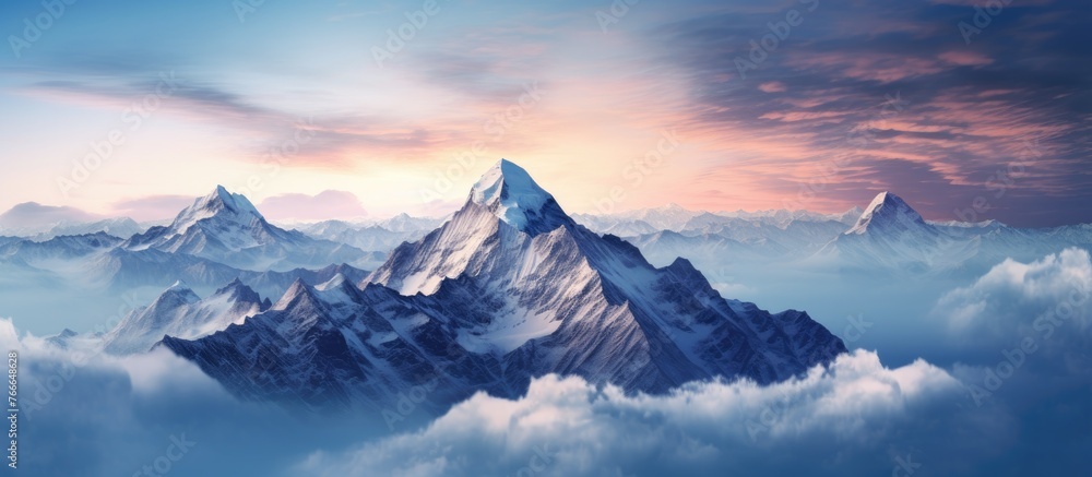 Poster capture of mountains with a series of peaks and valleys under a cloudy sky during the setting sun