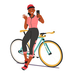 Relaxed Sportswoman Cyclist Female Character Perches On her Bike Frame, Holding Smartphone and Waving Hand - obrazy, fototapety, plakaty