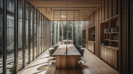 Conference room with wooden walls and a wooden table.