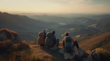 Three hikers sitting on top of a mountain at sunset - hiking.