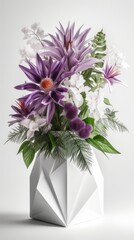White vase with purple flowers in it.
