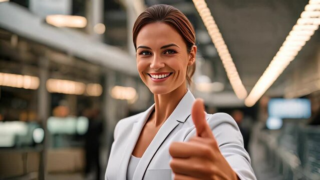 Confident businesswoman giving thumbs up. Professional portrait in a modern office environment