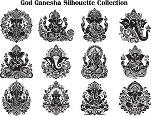 God Ganesh Silhouette Vector Illustration Set