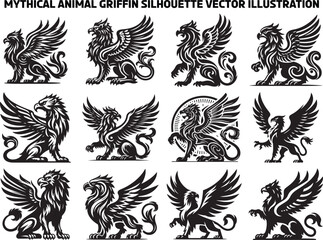 Mythic Bird Griffin Silhouette Vector Illustration Set