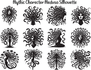 Mythic Character Medusa Silhouette Vector Illustration Set