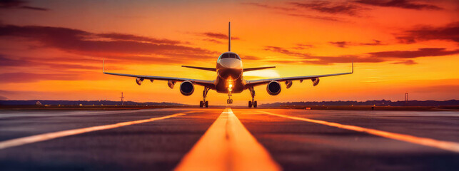 A panoramic image of a large private jet taking off is silhouetted against the sun at dawn or sunset, the warm orange, purple, pink and yellow tones of the sunset create a dramatic color palette. - obrazy, fototapety, plakaty