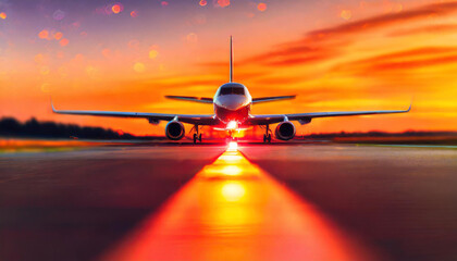 A colorful evening landscape image of private jet is silhouetted against the sun at dawn or sunset, the warm orange, purple, pink and yellow tones of the sunset create a dramatic color palette.