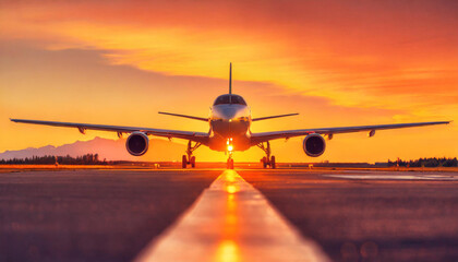 A landscape wide angle view private jet is silhouetted against the sun at dawn or sunset, the warm orange, purple, pink and yellow tones of the sunset create a dramatic color palette. - obrazy, fototapety, plakaty