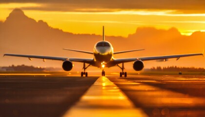 A landscape image of a private jet is mid taxi on a runway, silhouetted against the sun at dawn or...
