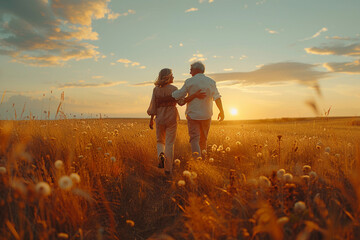 Senior elderly loving couple very old man and old woman hugging walking running across a field at sunset.  - obrazy, fototapety, plakaty