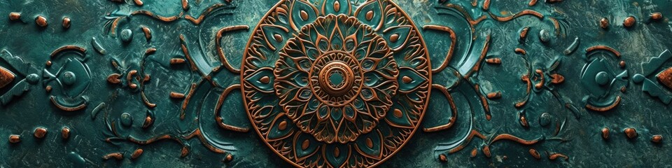 a stunning mandala against a mint green surface, highlighting the intricate details and refreshing colors in stunning high-definition. - obrazy, fototapety, plakaty