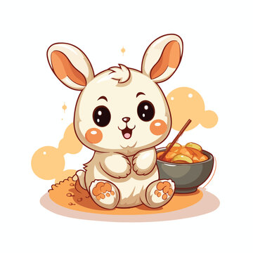 Cute rabbit sit with takoyaki on white background.A